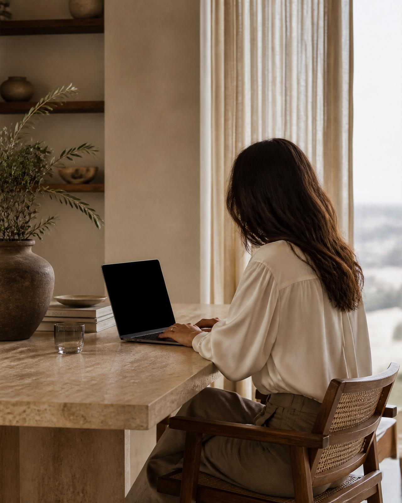 A woman in a cream silk blouse working on a laptop at a travertine table in a warm minimalist home.